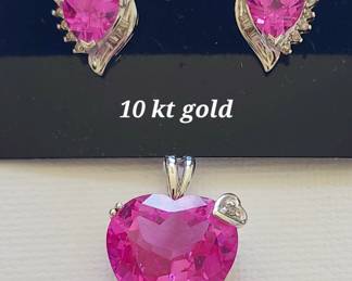 10kt gold with pink topaz ~ heart earrings and matching pendant.