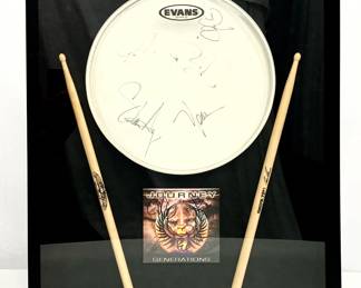 Journey Signed Drumhead, drumsticks and CD memorabilia wall display