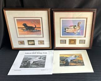 Adorable Framed Duck Prints And Collectors Stamps