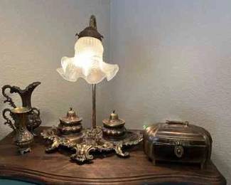 Antique Lamp With Inkwell, Box, Vase Pitcher