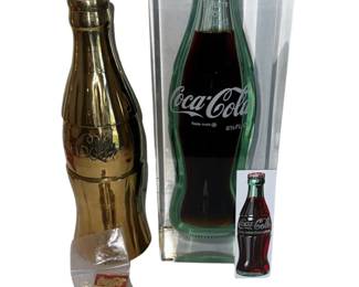 Coca-Cola Collectibles Coke Brass Bottle Glass Bottle in Lucite Block Magnet Pin