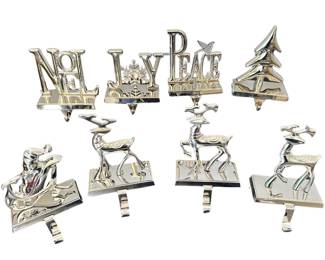 8 Stocking Hangers Silver Metal Santa Reindeer Noel Joy Peace