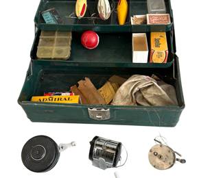 Vintage Metal Fishing Tackle Box Wooden Lures Boxes Chrome Reels & More
