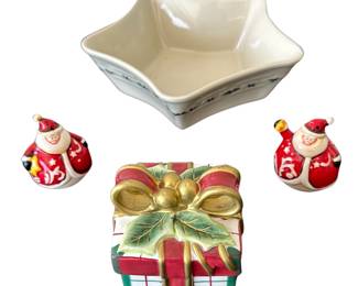 Fitz & Floyd Ceramic Present Trinket Box Longaberger Star Dish Santas Salt Pepper Christmas Decor