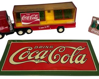 Coca-Cola Collectibles Coke Buddy L Semi Truck Toy Wall Sign Mini Bottle 6 Pack Plastic