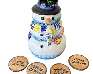 Big 13" Snowman Cookie Jar Hand Painted Italy + Artisan Wood Coasters Christmas Decor