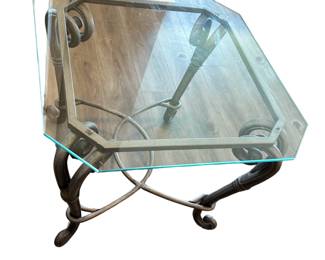 Octagonal End Table Glass Top Beveled Edge Silver Metal Base Ornate Scrolls