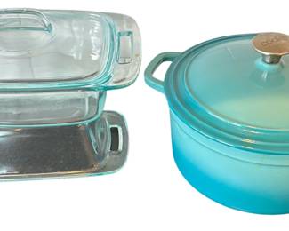 Cooks Cast Iron Enameled Teal Blue Dutch Oven + Pyrex Glass Pans