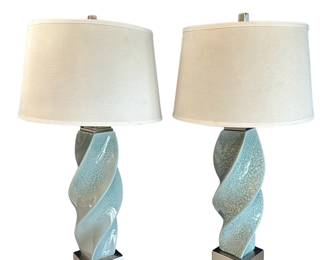Pair Ceramic Glazed Modern Style Lamps Blue Aqua Crazing Crackle Style Mission Base