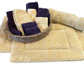 Woven Basket with Purple and Yellow Bath Towels + 3 Bath Rugs