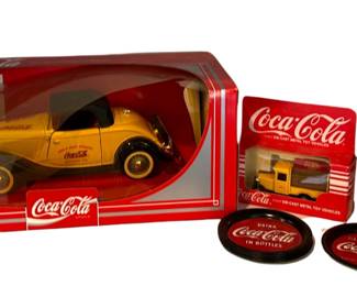 Coca-Cola Collectibles Coke Diecast 1934 Ford In Box + 2 Smaller Delivery Trucks Cards Coasters