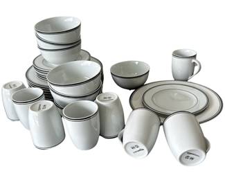White with Black Pinstripe Ceramic Dish Set Amazon Basics Service for 8 Plates Bowls Mugs