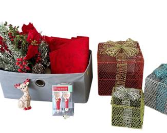 Fabric Tote with Christmas Decor Placemats Measuring Spoons Wire Gift Boxes