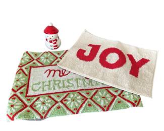 Hallmark Snowman Canister + Joy Merry Christmas Rugs Doormats
