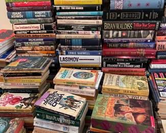 Lots and lots of science fiction books, hard and soft cover. And lots of books.