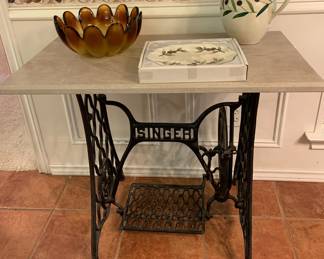 vintage Singer treadle base table with marble top