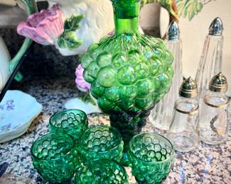 Vintage late 60s green glass decanter and shot glasses