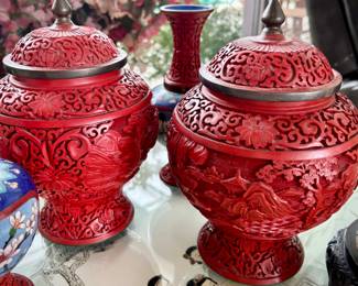 Pair of Chinese red cinnabar carved ginger ja