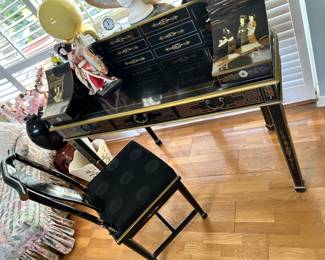 Black lacquer chinoiserie desk and chair 