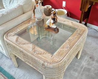 Vintage rattan coffee table & 2 matching side tables