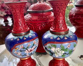 Pair of Jingfa red cinnabar and cloisonne vases