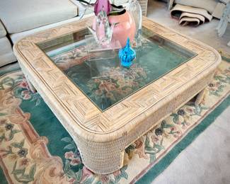 Vintage rattan coffee table & 2 matching side tables