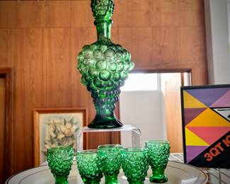 Vintage 1960s green grape decanter and shot-glass cork, with five shot glasses