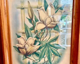 One of three vintage 1960s Polynesian flower art in wood frame 