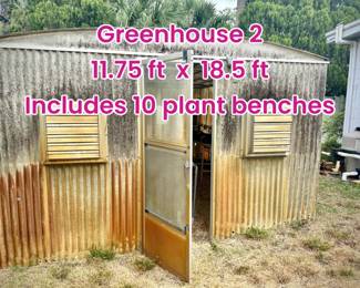 Three fiberglass greenhouses of varying sizes. Second greenhouse is 11.75 feet x 18.5 feet. Electrified and ceiling irrigation. The 10 professional planting benches inside the greenhouse are included.