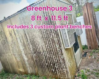 Three fiberglass greenhouses of varying sizes. Third greenhouse is 8 feet x 11.5 feet. Electrified and ceiling irrigation. There are three custom planting benches inside the greenhouse included.