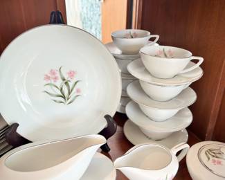Grantcrest "Pink Orchid" china set from Japan. Includes platter, dinner plates, salad plates, bread & butter plates, soup bowls, fruit bowls, gravy boat, serving bowl, coffee cups & saucers, cream & sugar