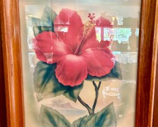 One of three vintage 1960s Polynesian flower art in wood frame - hibiscus