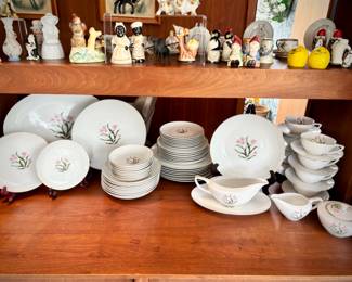 Grantcrest "Pink Orchid" china set from Japan. Includes platter, dinner plates, salad plates, bread & butter plates, soup bowls, fruit bowls, gravy boat, serving bowl, coffee cups & saucers, cream & sugar