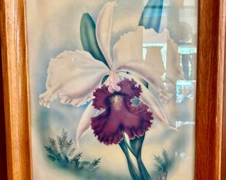 One of three vintage 1960s Polynesian flower art in wood frame - iris