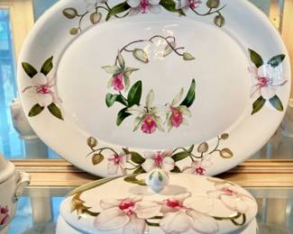 Porta "Orchids" china set from Portugal. Includes platter, 2 tall serving bowls, covered pie plate, set of 4 canisters, 2 tall mixing bowls, coffee/tea pot, watering can, covered casserole, cream & sugar