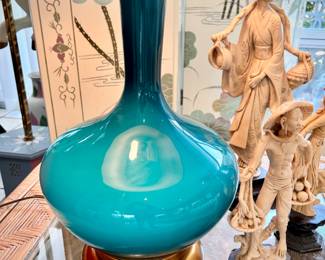 Vintage MCM 1960s 50-inch turquoise lamp with matching shade