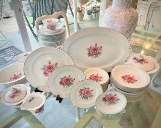 Set of Peari Fine China with rose pattern from Japan. Includes dinner, salad, bread & butter dishes; soup and fruit bowls; coffee cups & saucers; platter, serving bowl, covered casserole, gravy boat, cream & sugar