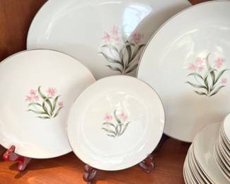 Grantcrest "Pink Orchid" china set from Japan. Includes platter, dinner plates, salad plates, bread & butter plates, soup bowls, fruit bowls, gravy boat, serving bowl, coffee cups & saucers, cream & sugar