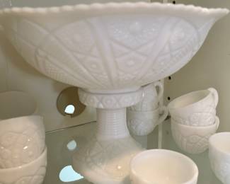 Milk glass punch bowl (2 pieces) and 11 cups