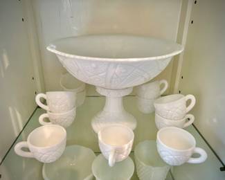 Milk glass punch bowl (2 pieces) and 11 cups