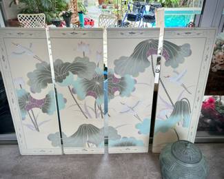 Four Chinoiserie hanging wall panels. Matches ivory folding wall screen.