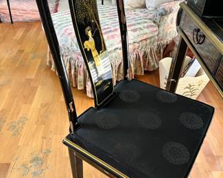 Black lacquer chinoiserie desk and chair 