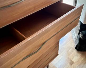 Vintage mid-century modern late 50s/early 60s mahogany Link-Taylor (original Henry Link) bedroom suite, including dresser & mirror, highboy, and bedframe