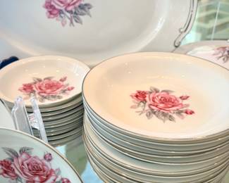 Set of Peari Fine China with rose pattern from Japan. Includes dinner, salad, bread & butter dishes; soup and fruit bowls; coffee cups & saucers; platter, serving bowl, covered casserole, gravy boat, cream & sugar