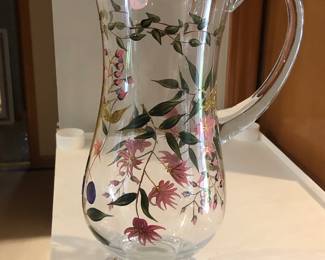 Gold rimmed hand painted Romanian glass pitcher 