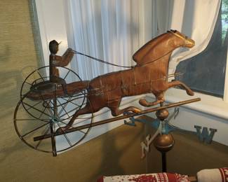 Antique Copper & Metal Horse & Sulky Weathervane, with floor display post 