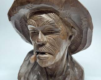 Carved Wooden Bust of Cowboy