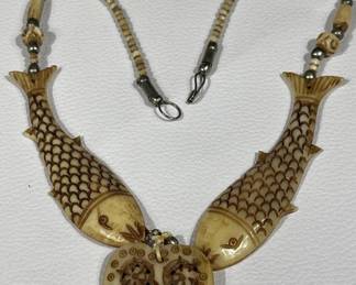 Vintage Carved Bone Fish Necklace Made in India