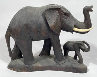 Vintage Carved Solid Wood Elephant and Calf