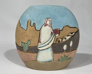 Ceramic Southwestern Adobe Scene Pottery Vase